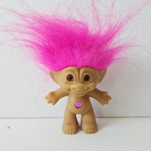 Vintage Ace Novelty Treasure Troll Doll, Pink Eyes, Pink Hair, Pink Circle Jewel, 3&quot; Trolls