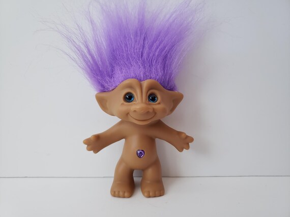 Vintage Ace Novelty Treasure Troll Doll Purple Hair Purple Heart Jewel Purple Eyes 5 Trolls