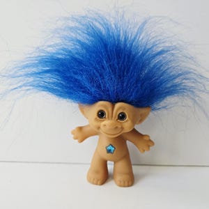 Vintage Ace Novelty Treasure Troll Doll, Blue Hair, Blue Star Jewel, Blue Eyes Trolls 3&quot;