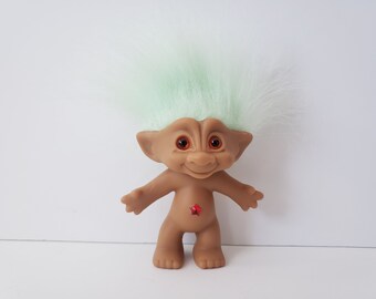 Vintage Ace Novelty Treasure Troll Doll, Mint Green Hair, Red Star Jewel, Orange Eyes, 5" Trolls