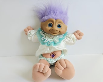 Vintage Ace Novelty Treasure Troll Doll, Purple Hair, Purple Star Jewel, Blue Eyes Wishstone, Large 12" Trolls