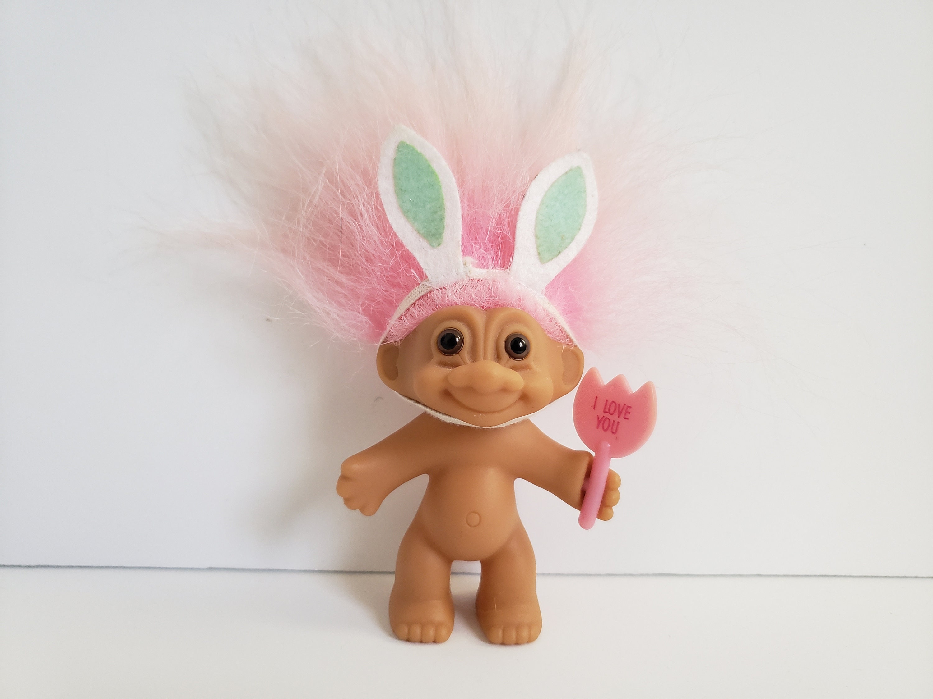 Vintage Russ Troll Doll Baby With Easter Bunny Ears, Pink Hair
