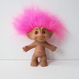 Vintage Ace Novelty Treasure Troll Doll, Pink Hair, Pink Star Jewel, Pink Eyes, 5&quot; Trolls