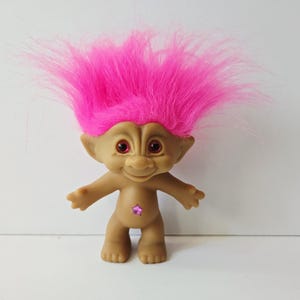 Vintage Ace Novelty Treasure Troll Doll, Pink Hair, Pink Eyes, Pink Star Jewel, 5&quot; Trolls