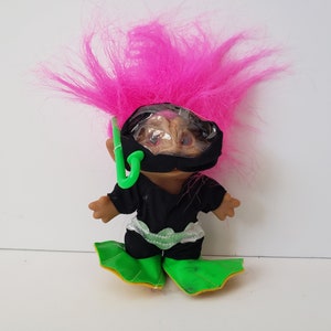 Vintage Ace Novelty Treasure Troll Doll, Pink Hair, Pink Jewel, Pink Eyes, 5&quot; Trolls, Scuba Diver,  Totally 80s Clothes