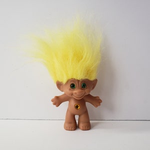 Vintage Ace Novelty Treasure Troll Doll, Yellow Hair, Yellow Heart Jewel, Green Eyes, 3&quot; Trolls
