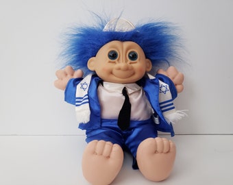 Vintage Russ Troll Doll, Jewish, Blue Hair, Large 12" Trolls, Israel, Hanukkah Chanukah Passover Bar Mitzvah, Soft Body Kidz