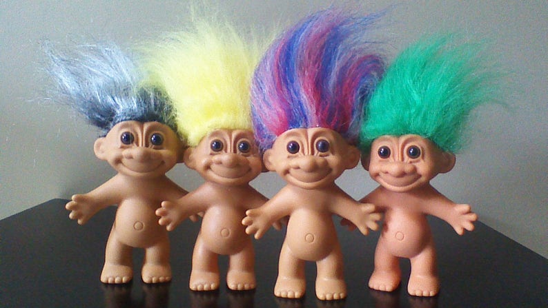 Vintage Russ Troll Dolls, BEST SELLER, 5 Naked Trolls, Yellow Orange Pink Red Purple Green Blue Gray White Peach Teal Rainbow hair image 2