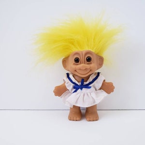 Vintage Russ Trolls Doll, Little Girl With Party Dress, Yellow Hair Troll 5" Sailor Girl