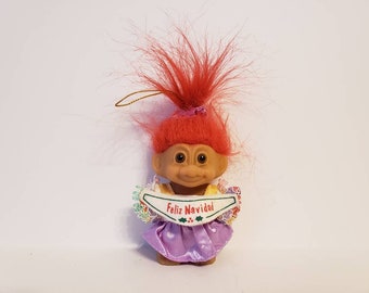 Vintage Russ Troll Doll Christmas Girl Feliz Navidad Spanish Ornament Red Hair Trolls 3"