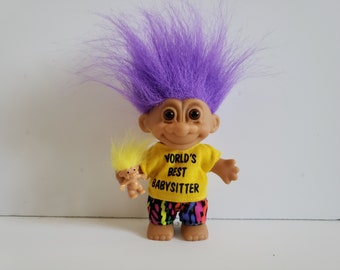 Vintage Russ Troll Doll World's Best Babysitter Purple Hair Trolls 5" Baby Sitter Gift, Nanny Present, Daycare Provider Gift