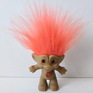 Vintage Ace Novelty Treasure Troll Doll, Orange Hair, Orange Eyes, Orange Oval Jewel Trolls, 3&quot; Trolls