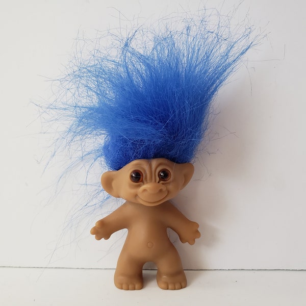 Vintage Wishnik Troll Doll, Uneeda, Double Horseshoe, Blue Hair Trolls 3"