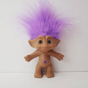 Vintage Ace Novelty Treasure Troll Doll, Purple Hair, Purple Diamond Jewel, Blue Eyes, 5" Trolls