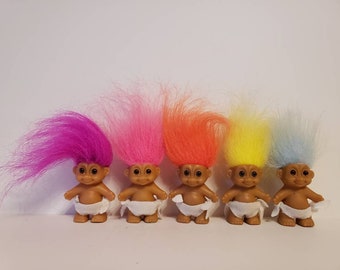 Vintage Russ Troll Doll Baby, Orange, Pink, Purple, Yellow, Blue Hair Trolls 2"