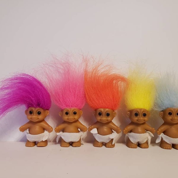 Vintage Russ Troll Doll Baby, Orange, Pink, Purple, Yellow, Blue Hair Trolls 2"
