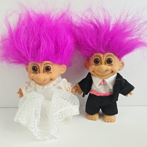 Vintage Russ Trollpuppen, Brautpaar, Hochzeitstrolle, lila Haare, 12,5 cm große Trolle, Tortenfiguren