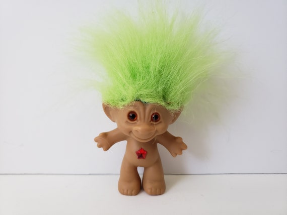 Vintage Ace Novelty Treasure Troll Doll, Green Hair, Orange Eyes