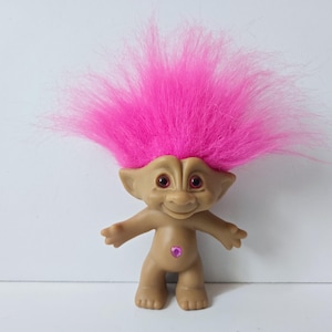 Vintage Ace Novelty Treasure Troll Doll, Pink Hair, Pink Heart Jewel, Pink Eyes, 5&quot; Trolls