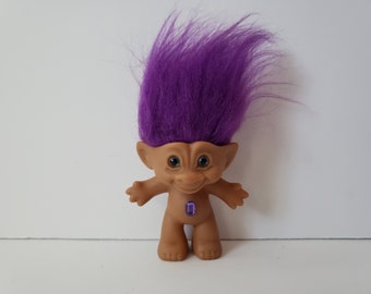 Vintage Treasure Troll Doll, Purple Hair, Blue Eyes, Purple Rectangle Jewel Trolls 3"