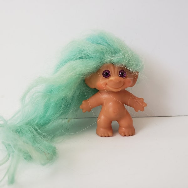 Vintage Troll Doll, Unmarked, Custom, Turquoise Hair, Purple Eyes, 2.5" Trolls, 1960s, 60s Troll Made In Denmark, Possible Dam Scandia House