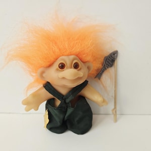 Vintage Dam Troll Doll, Fisherman Troll, Orange Hair, 5&quot; Trolls, Fishing Gift, Dad Present, Grandpa Gift