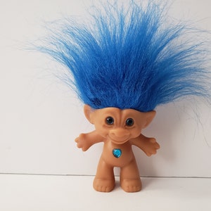 Vintage Ace Novelty Treasure Troll Doll, Blue Hair, Blue Heart Jewel, Blue Eyes, 3&quot; Trolls