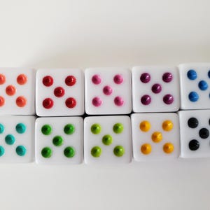 Lot of Rainbow Dice, White Dice, 16mm Solid Dice, White with Colored Dots, Pips, Extra Board Game Pieces, Crafts Fun Gift Unique Present