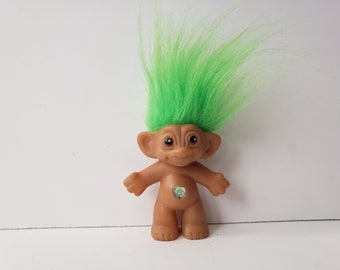 Vintage Treasure Troll Doll, Green Hair, Heart Jewel, Wishstone, 3" Trolls