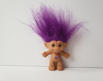 Vintage Ace Novelty Treasure Troll Doll, Blue Eyes, Purple Hair, Purple Star Jewel, 3" Trolls