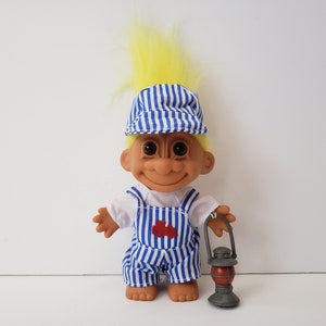 Vintage Russ Troll Doll, Train Engineer Conductor, Yellow Hair, 5&quot; Trolls
