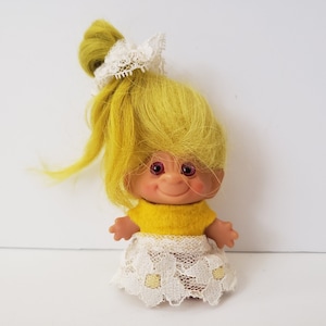 Vintage Troll Doll, Unmarked, Custom, Yellow Hair, Purple Eyes, 2.5&quot; Trolls, 1960s, 60s Troll Made In Denmark, Possible Dam Scandia House