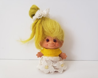 Vintage Troll Doll, Unmarked, Custom, Yellow Hair, Purple Eyes, 2.5" Trolls, 1960s, 60s Troll Made In Denmark, Possible Dam Scandia House