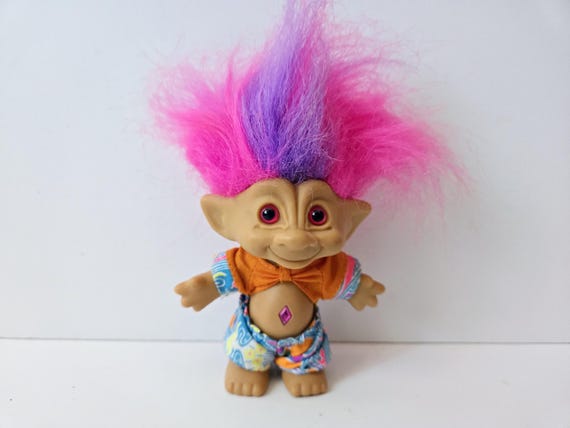 Vintage Ace Novelty Treasure Troll Doll, Pink and Purple Rainbow