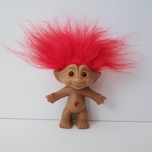 Vintage  Ace Novelty Treasure Troll Doll, Red Hair, Orange Eyes, Red Heart Jewel Wishstone Trolls 5&quot;