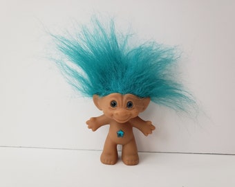 Vintage Ace Novelty Treasure Troll Doll, Aqua Blue Hair, Teal Blue Star Jewel, Blue Eyes Wishstone, 3" Trolls