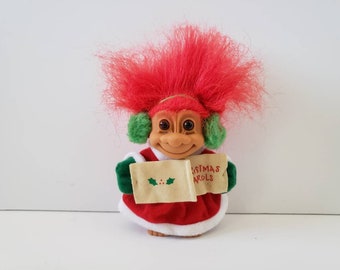 Vintage Russ Christmas Troll Doll, Christmas Caroler, Red Hair Trolls 5"
