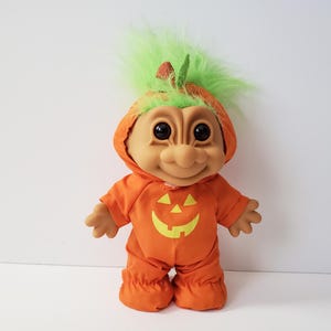 Vintage Russ Troll Doll, Halloween Pumpkin, Jack O Lantern, Green Hair, Large 8&quot; Trolls