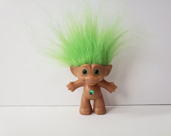 Vintage Ace Novelty Treasure Troll Doll, Green Hair, Green Star Jewel, Green Eyes Wishstone, 3" Trolls