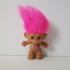 Vintage Ace Novelty Treasure Troll Doll, Pink Hair, Pink Circle Jewel, Pink Eyes Trolls 3&quot; Wishstone