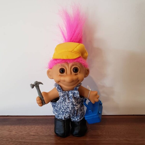Vintage Russ Troll Doll Mr Fix It Handyman Carpenter Pink Hair Trolls 5" Hammer and Toolbox, Fathers Day Gift Dad Present