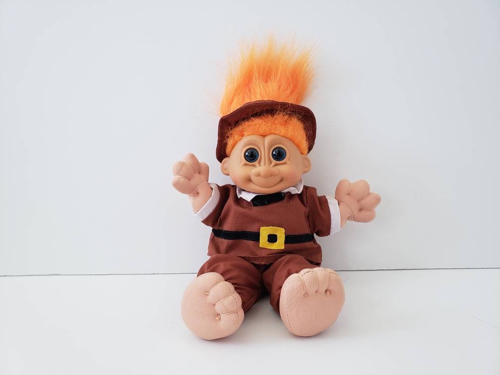 Thanksgiving Troll, Vintage Russ Troll Doll, Thanksgiving Pilgrim Boy,  Orange Hair Trolls 8