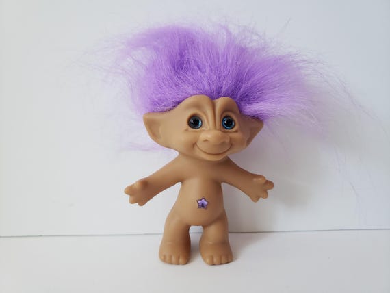 Vintage Ace Novelty Treasure Troll Doll, Purple Hair, Purple Star