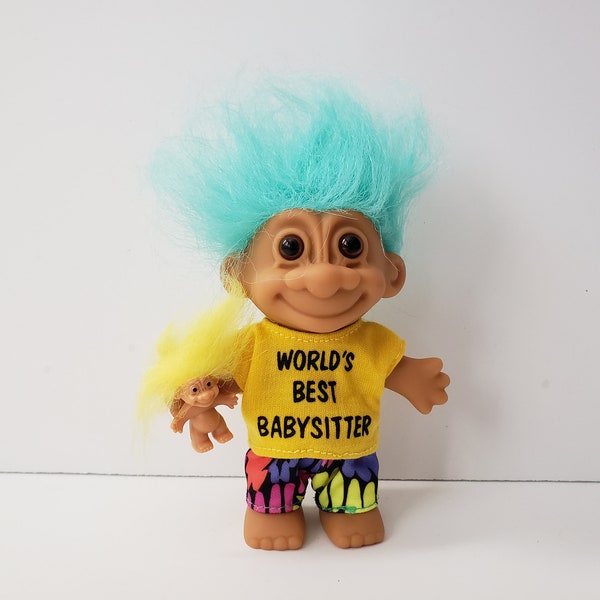 Vintage Russ Troll Doll World's Best Babysitter Teal Blue Hair Trolls 5" Baby Sitter Gift, Nanny Present, Daycare Provider Gift