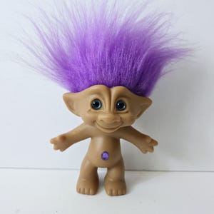 Vintage Ace Novelty Treasure Troll Doll, Purple Hair, Blue Eyes, Purple Oval Jewel Trolls 5&quot;
