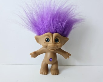 Vintage Ace Novelty Treasure Troll Doll, Purple Hair, Blue Eyes, Purple Oval Jewel Trolls 5&quot;