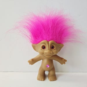 Vintage Ace Novelty Treasure Troll Doll, Pink Hair, Pink Diamond Jewel, Pink Eyes, 5&quot; Trolls