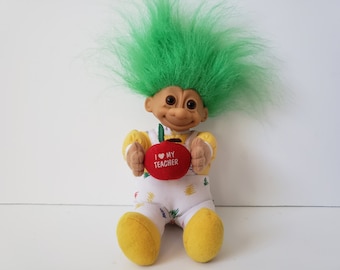 Vintage Russ Troll Doll, I Love My Teacher, Green Hair Trolls 5", Teacher Gift, Back To School, First Day of School