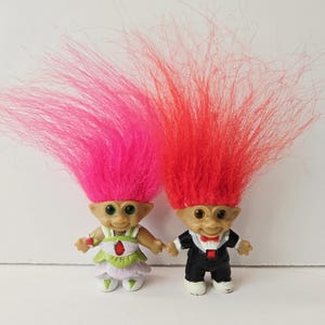 Lot of Troll Dolls, Vintage Ace Novelty Treasure Troll Dolls, Bride and Groom, Rainbow Hair, Jewel Belly, Wishstone Trolls 1"