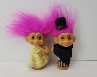 Vintage Russ Troll Dolls Bride and Groom Wedding Trolls, Purple Hair Trolls 3" Cake Topper Trolls